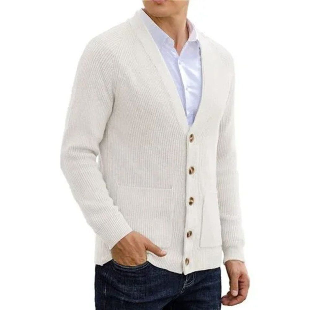New Men's Cardigan Sweater Soft Cable Knit White